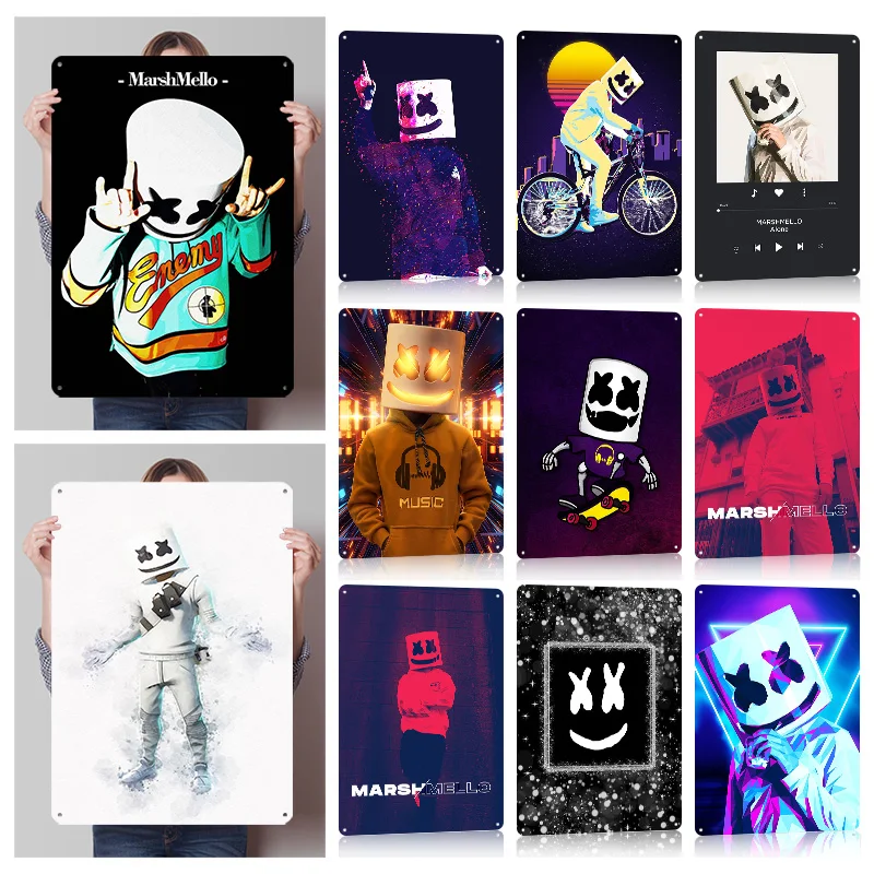 Marshmello Music Tinplate Posters Customizable Wall Art Retro Vintage Metal Signs for Fans Home Decorations Living Room House