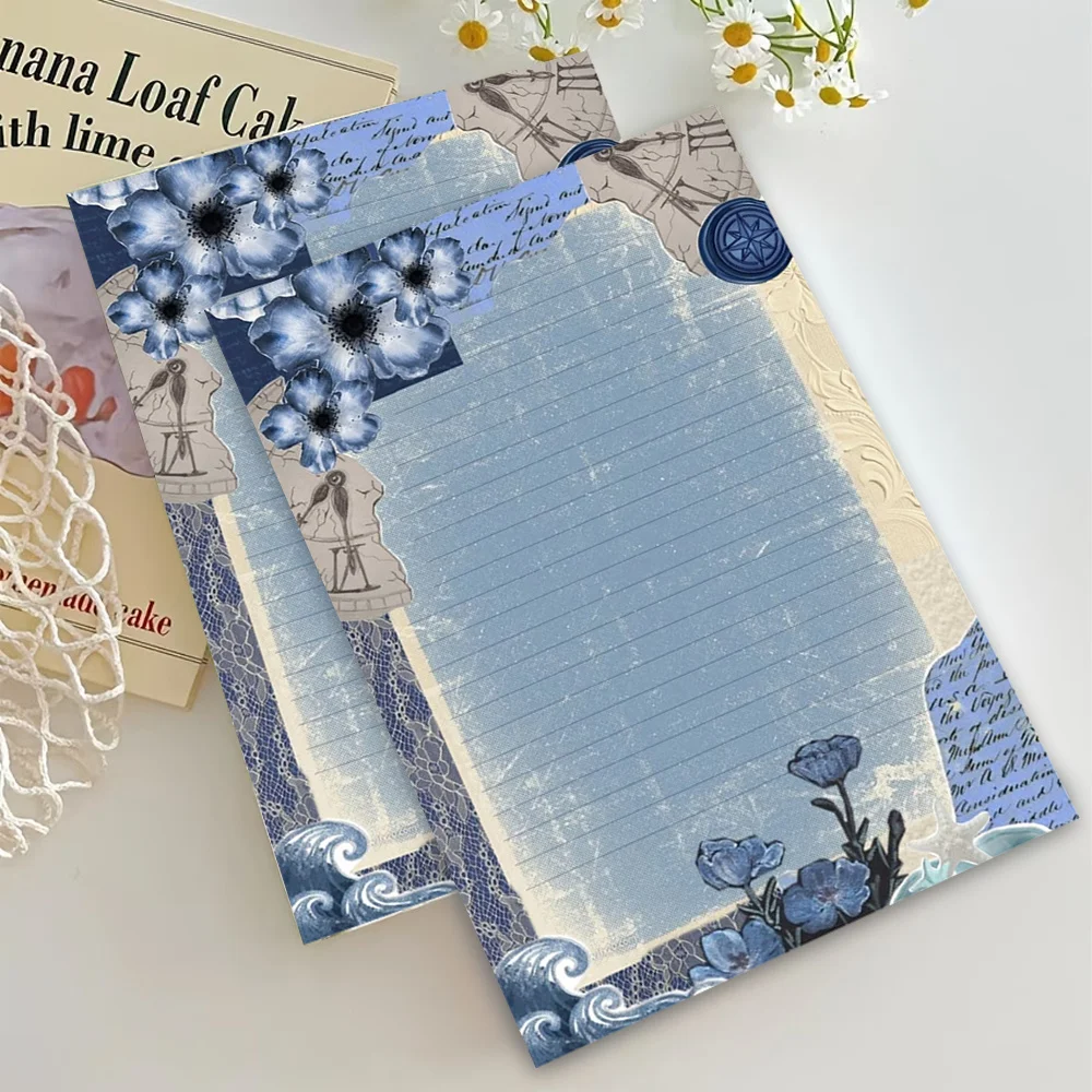 30 Sheets.B5 Blue Healing Floral Stationery Paper, Watercolor Style Letter Paper, Tearable Notepad, Suitable For Writing Letters
