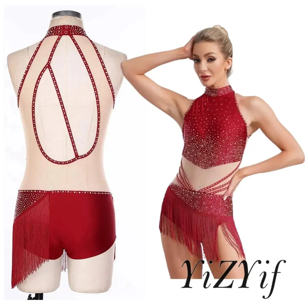 

Adult Sleeveless Shiny Lyrical Latin Tango Jazz Rumba Dance Costume Ladies Open Back Skirt Leotard Modern Contemporary Dancewear
