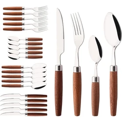 8/16/24Pcs 304 Stainless Steel Imitation Wooden Handle Cutlery Set Dinnerware Western Tableware Knife Fork Tea Spoon Silverware