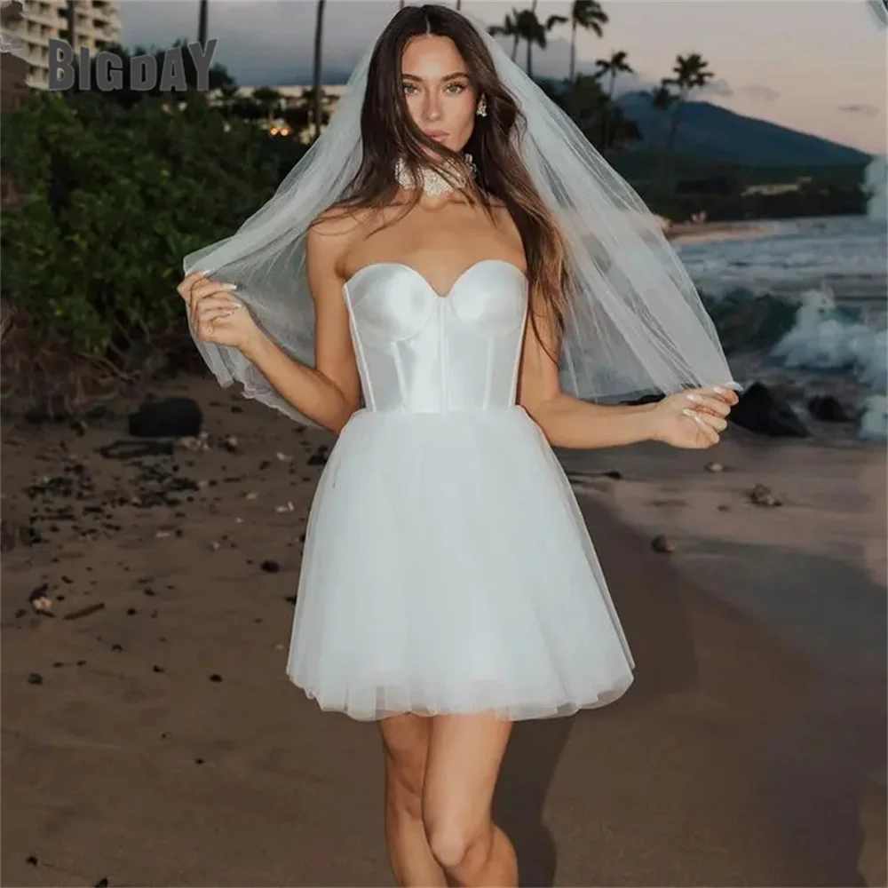 

Beach Short Wedding Dress A-Line Sweetheart Sleeveless Pleat Lace-up Simple Satin 2024 Bridal Gown Above-Knee Vestidos De Noiva