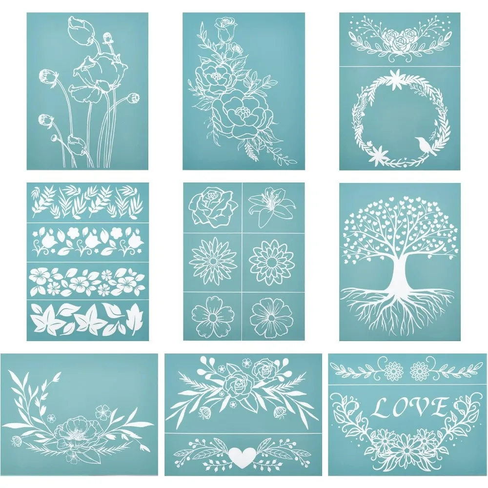 

9PCS 11x8.6 Inch Self-Adhesive Silk Screen Printing Stencil Set Floral Theme Stencil Set Reusable Silk Screen Mesh Transfer