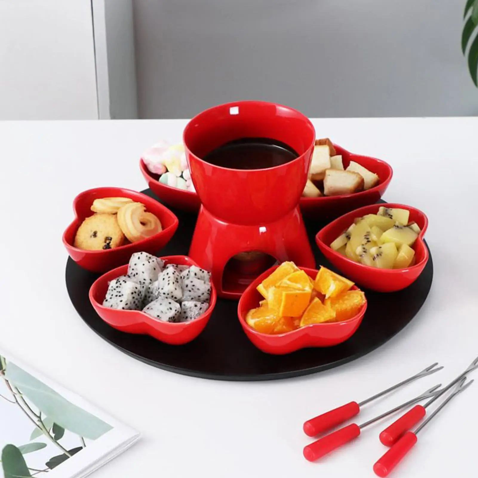 Chocolate Melting Mug Set Ceramic Fondue Heating Set with Forks Hot Chocolate Warming Mug for Date Night Party Family Gathering