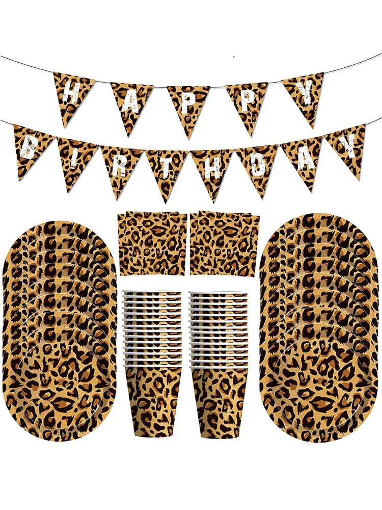 Safari Tier Leopard Thema Geschirr Leopardenmuster Pappteller Tassen Serviette Dschungel Tier Thema Kinder Geburtstag Partyzubehör – Detail 1