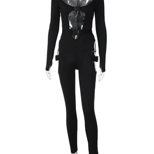HUGCITAR-Women's Machan of High Collar Long Sleeve Oco with Gloves, Motorcyclist Jumpsuit, Monochrome Jumpsuit, Streetwear, Sexy Bodycon, Autumn, 2023 8 Main Sales Motor Motor - №5