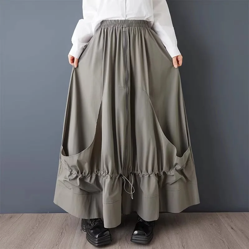 일본 스타일 패션 스커트 |   여성용 루즈핏 불규칙 패치워크 드로스트링 지퍼 스커트, 신축성 있는 허리 |   대형 사이즈 스커트 w1877