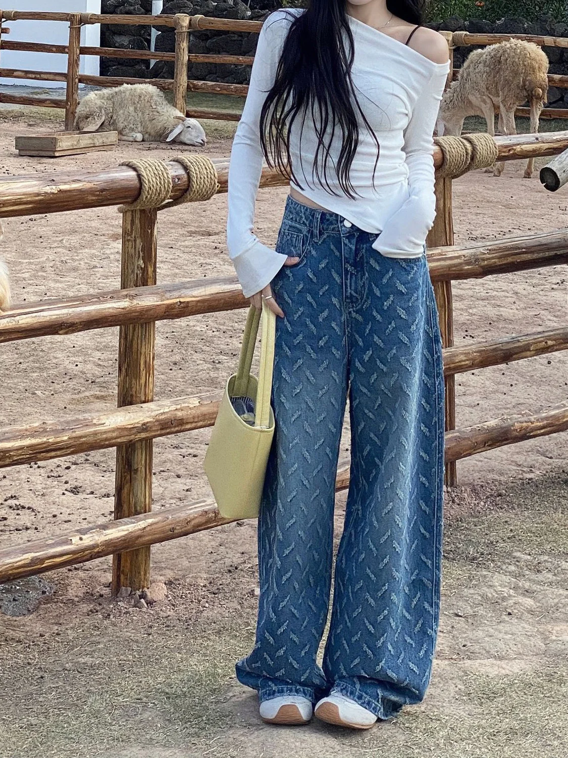 

Джинсы женские в американском стиле с тяжелой вышивкой, с высокой талией, прямые, свободные, широкие штанины, длинные брюки, весна 2026