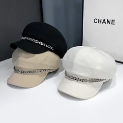 Panama Women's Rhinestone Chain Belle Painter Newspaperboy Octagonal Duck Tongue Hat Beach Sunshade Cap Fashion Outdoor G55