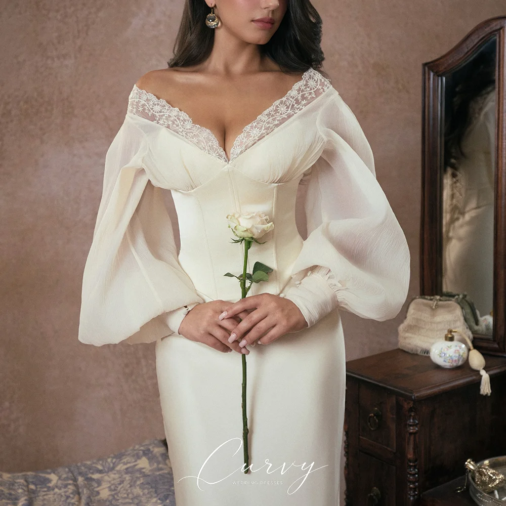 Curvy French Elegant Off-Shoulder Wedding Dress with Lace Trim Corset Bodice Midi Satin Skirt Customized for Brides 2026