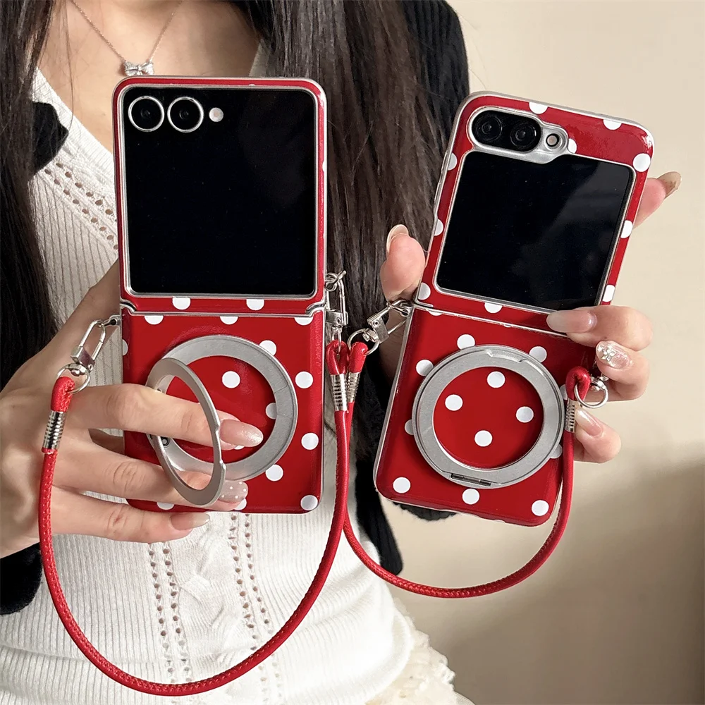 Cute Red White Polka Dot Magnetic Ring Stand Phone case For Samsung Galaxy Z Flip 8 5 6 7 6 5 4 3 Z Flip8 Shockproof Cover