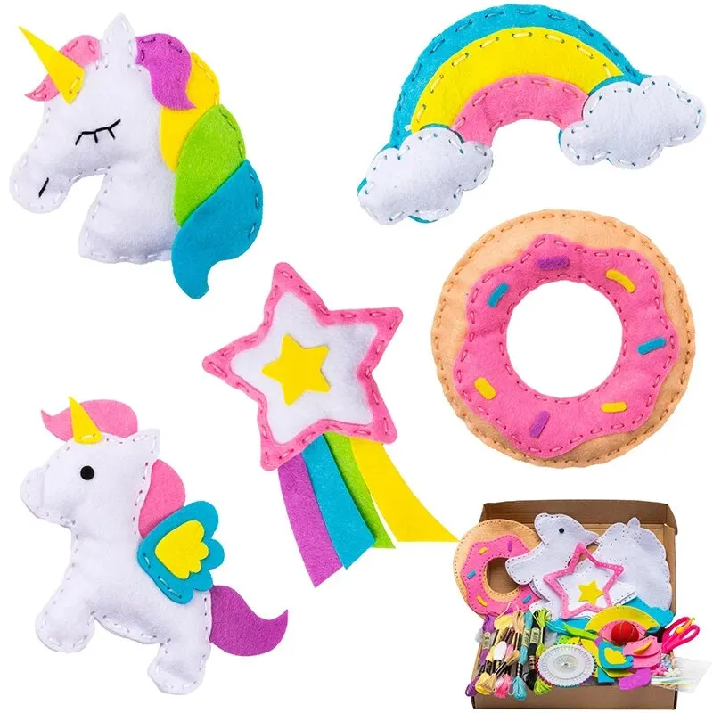 5Pcs Unicorn Sewing Kit for Kids Donut Rainbow Cloud Shooting Star DIY Art Craft Felt Kits Early Educational Project Supplies