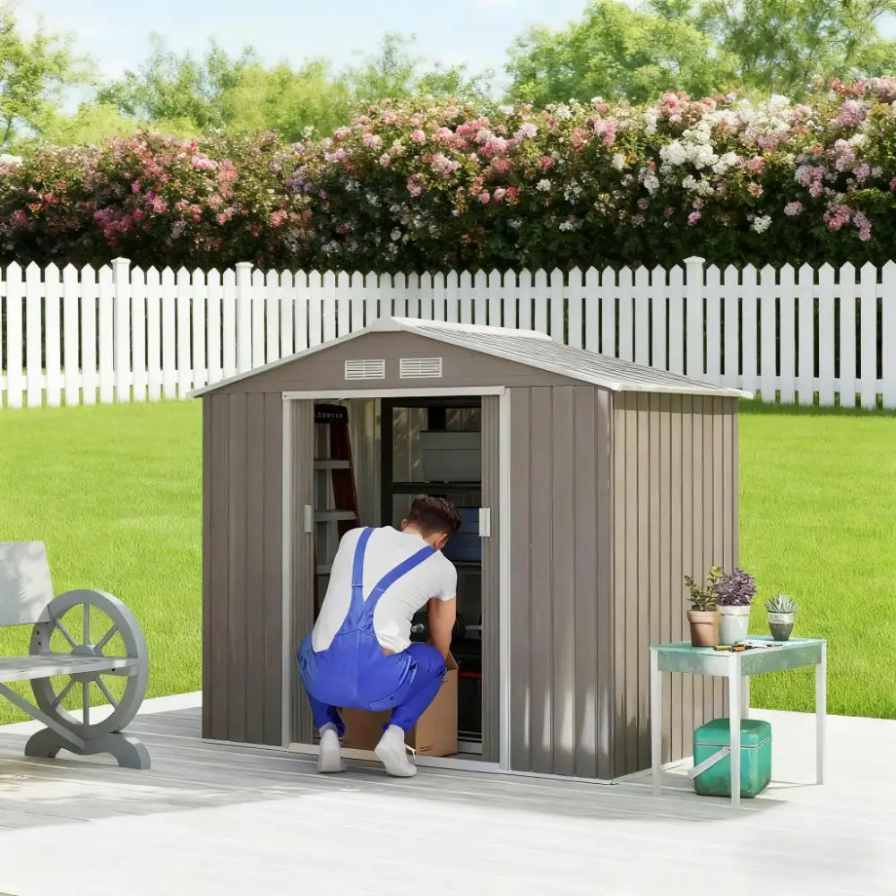 Gray Metal Garden Storage Shed Outdoor Tool House with Sloped Roof for Yard
