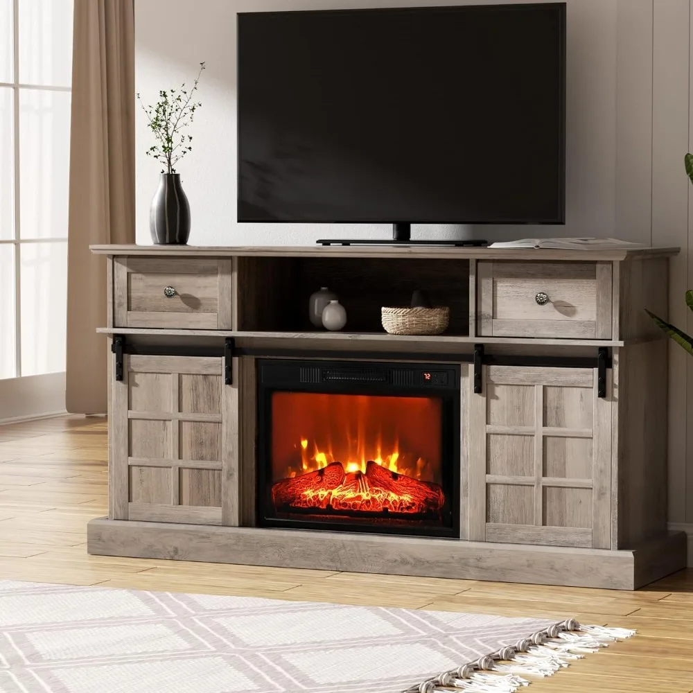 Fireplace TV Stand，for 65 Inch TV, 58''Entertainment Center，with Sliding Barn Door, Flip Drawers, 23''Electric Fireplace