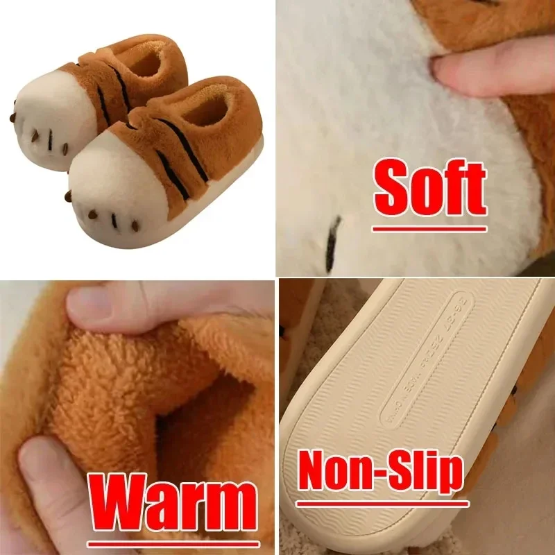 Cute Funny Tiger Paw Plush Slippers Winter Warm Fluffy Fur Women Slippers Flat Non-Slip Fuzzy Slippers Kawaii Animals Pantuflas