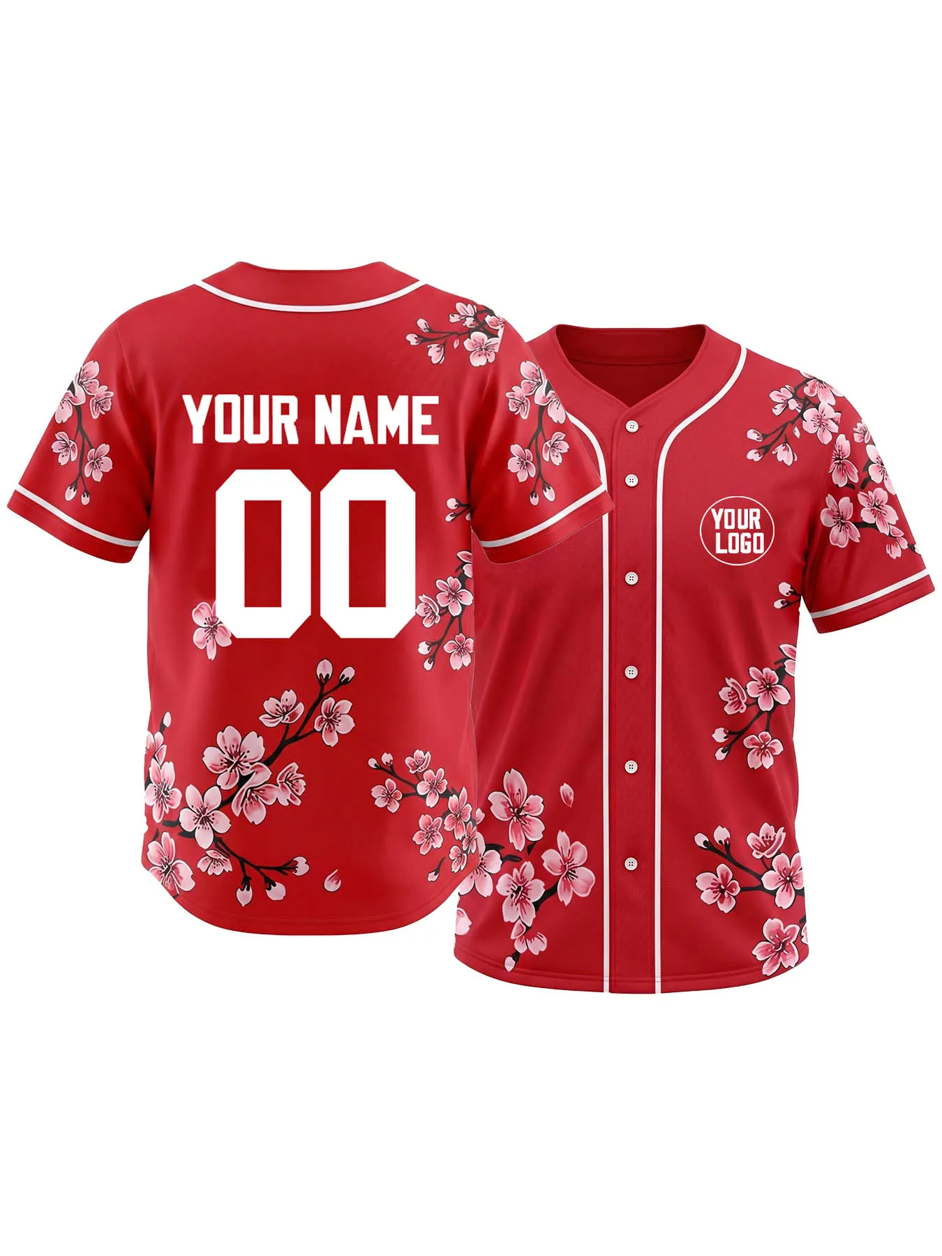 Custom Embroidered Cherry Blossom Baseball Jersey Men Women Personalized Name Number Logo Short Sleeve Button Down Sports Shirt