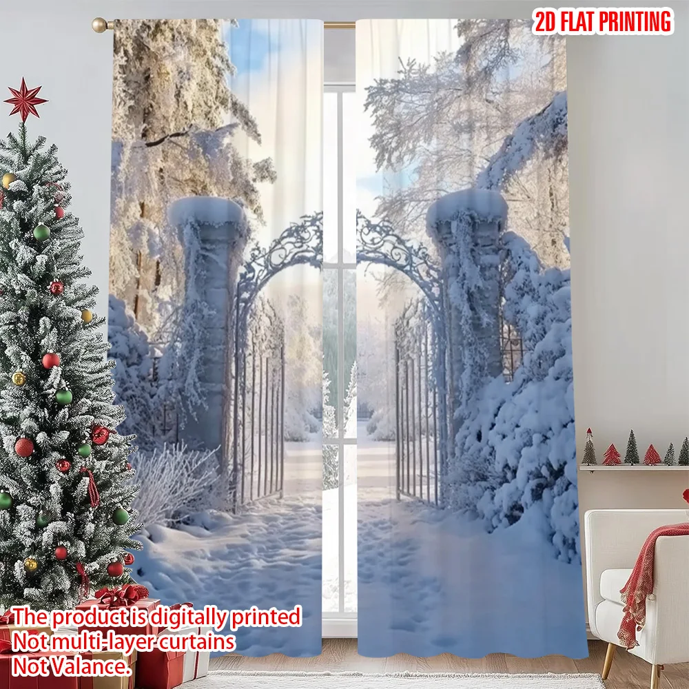 

2pcs 2D flat printing Merry Christmas Window Curtains winter wonderland 10 Versatile Fabric Without Electricity Family Party