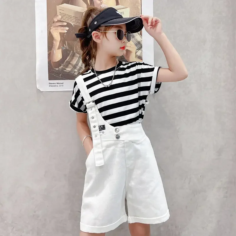 

2024 New Teenagers Kids Girls Clothes Set Summer Girl Tops T-shirt+Straps shorts 2pcs Girl Outfits 4 6 10 12 Baby Girls Clothing