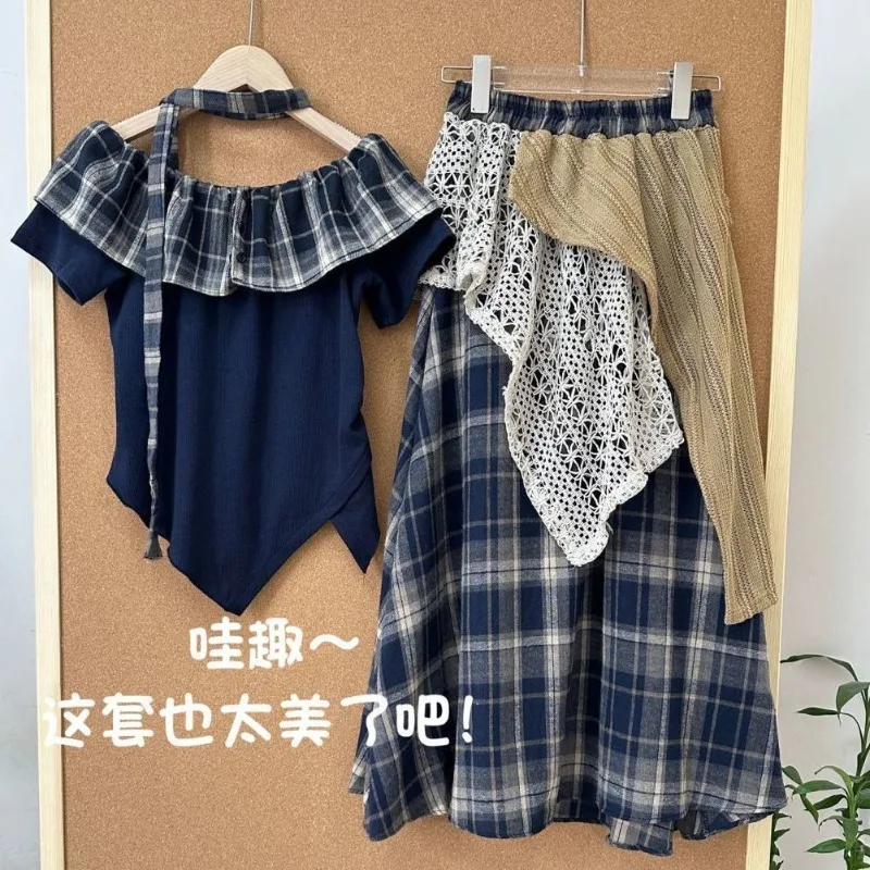 

Bohemian Vintage Off Shoulder Plaid Short Sleeve Top+ Summer Lace Patchwork Mid-length Skirts 2025 New Two Piece Sets