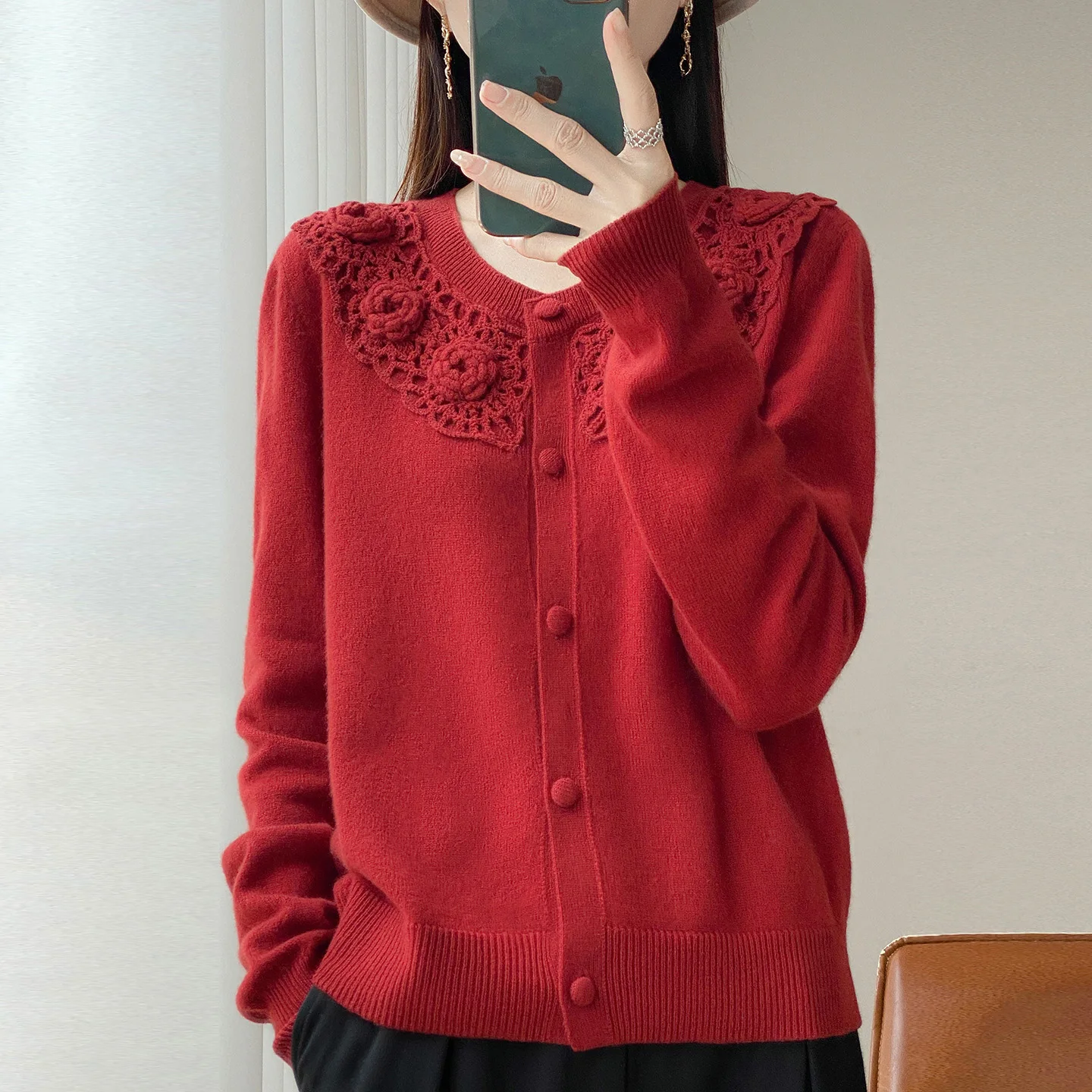 Women's Autumn Winter 100% Merino Wool Cardigan Sweater O Neck Long Sleeve Handmade Floral Crochet Luxury Premium Knit Outerwear