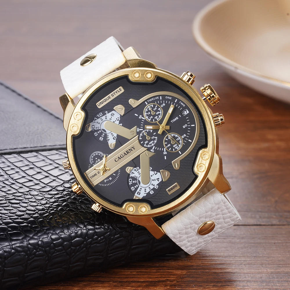 CAGARNY Original Brand Large dial 6820 dual time zone Leather Quartz Man Wristwatch Date Waterproof Fashion Casual Men's Watches