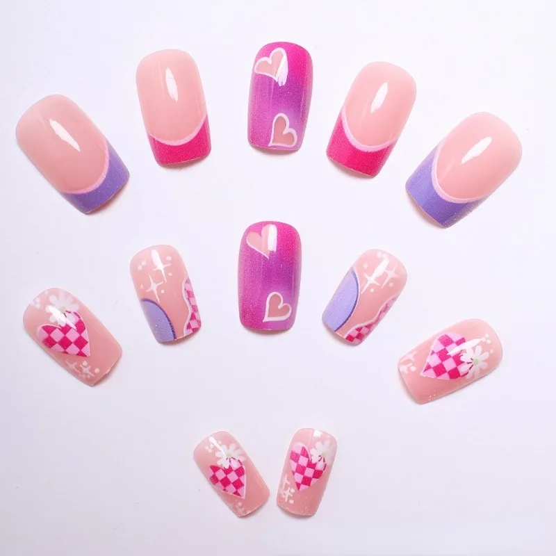 Conjunto de unhas falsas acrílicas francesas para meninas, coração, rosa, nu, azul, médio, longo, quadrado, fofo, doce, res, 24pcs, verão