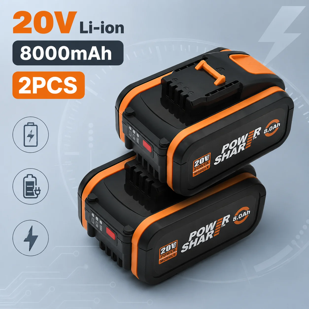 Batterie de remplacement 20V 8000mAh Li-ion pour Worx WX390 WX176 WX166 WX372 WX800 WX678 WX550 WX532 WG894E WG629E WG329E WG259E, pack d'outils sans fil haute capacité