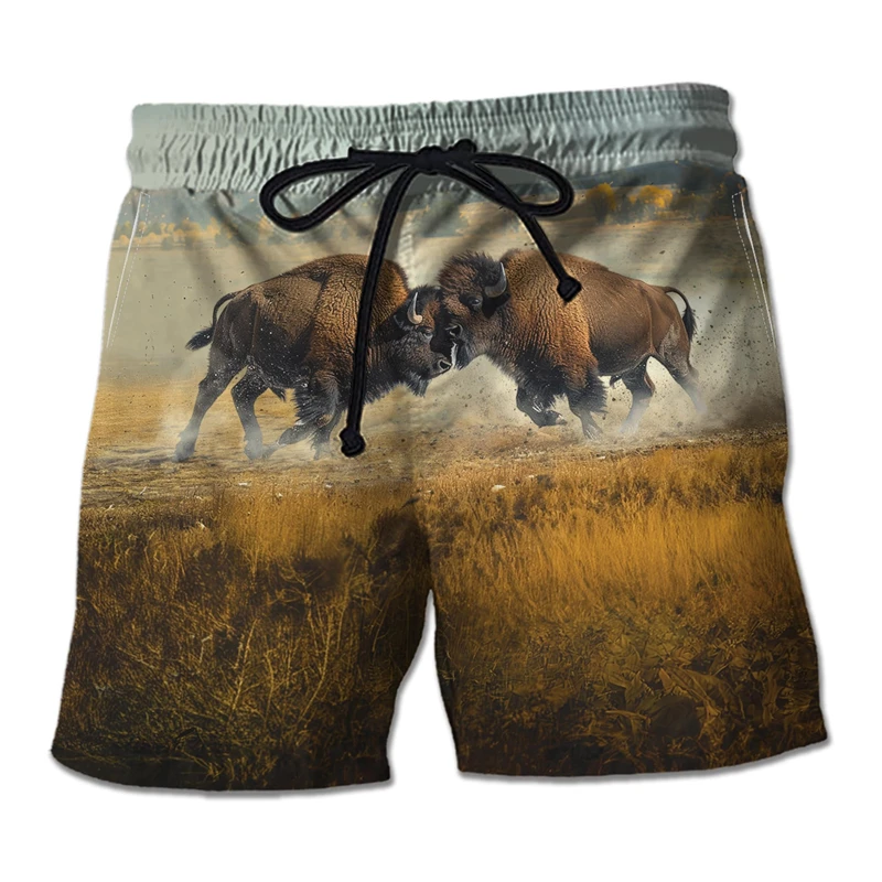 Homens Hawaiian Bison 3D impresso calças curtas, calças de vaca de praia, vacas, troncos Aloha, roupas engraçadas, calças