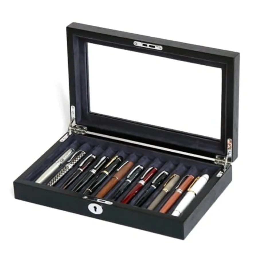 

Деревянный футляр для 12 перьевых ручек с замком и стеклянной крышкой, черный, премиум-класса, для хранения и организации письменных принадлежностей, для мужчин