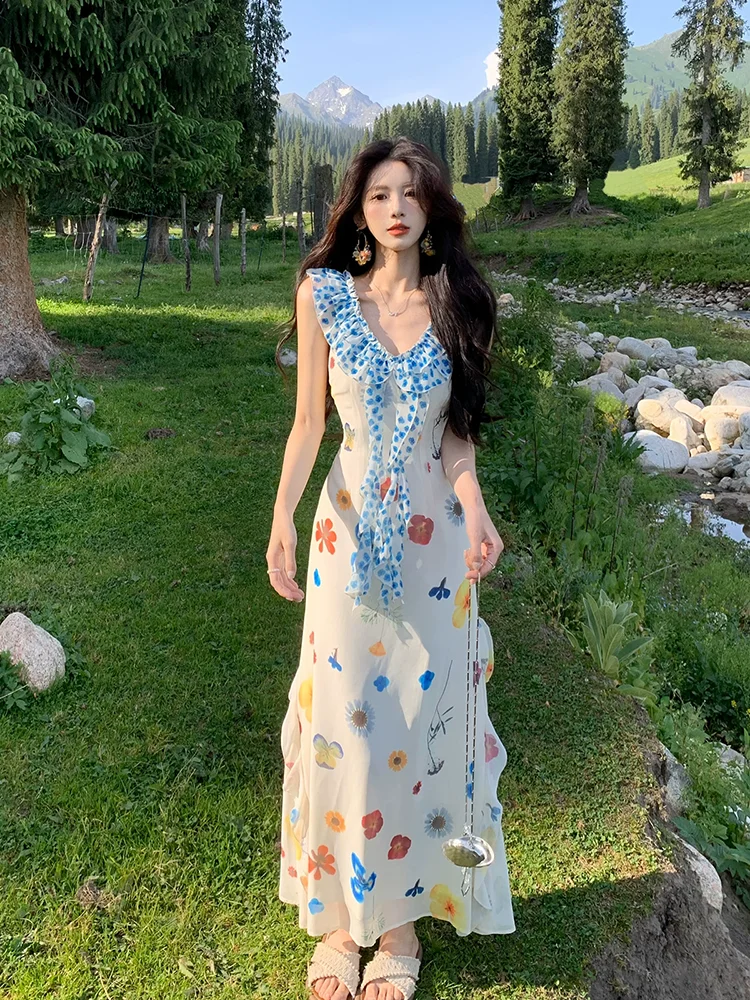

Vacation style French style floral camisole dress high-end waist cinching temperament dopamine long skirt for summer