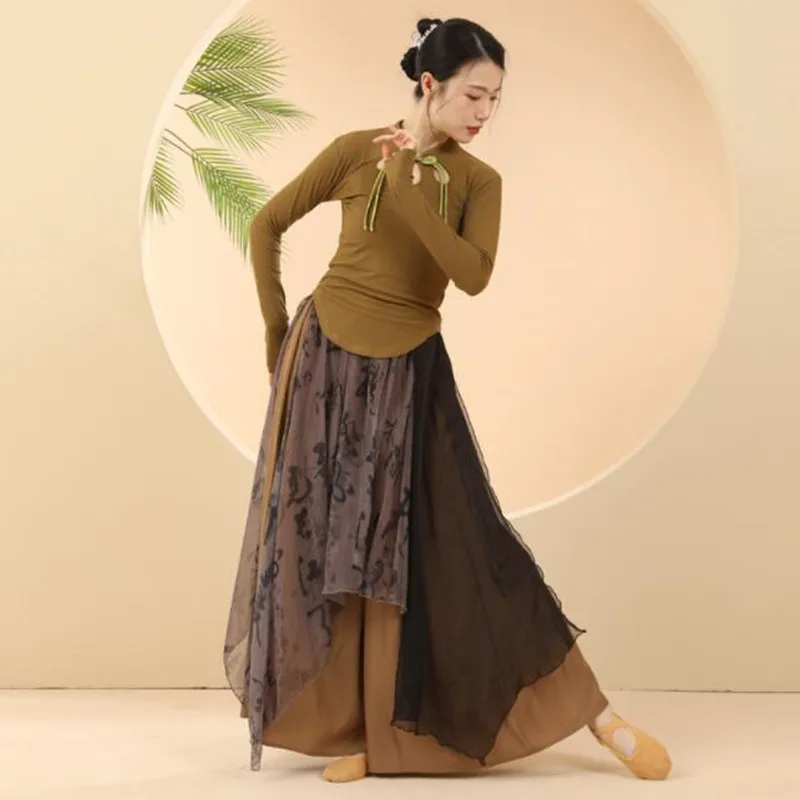 Long Skirt Pant Flowy Chinese Traditional Hanfu Women Culottes Print Loose Classical Dancing Trousers Wide Leg Stagewear Palazzo