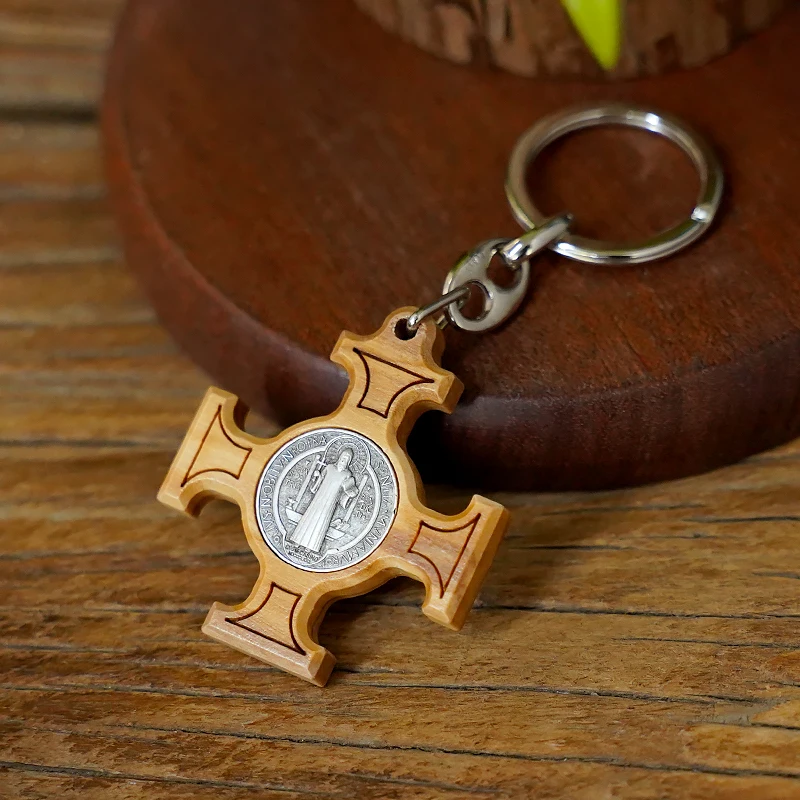 Olive Wood and Metal Saint Benedict Cross Keychain Patron Saint of Students and Europe Great Catholic Gift for Confirmation