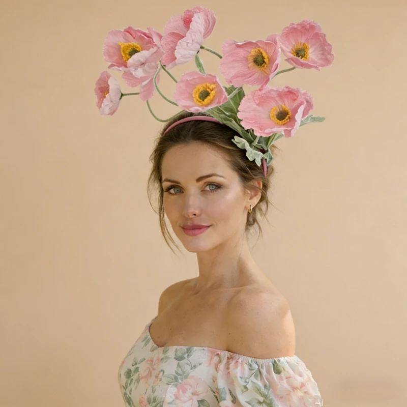 

Розовая повязка на голову с цветами мака, цветочная повязка в стиле бохо, свадебное украшение для волос, головной убор для гостей на свадьбу, повязка на голову с цветами амаполы