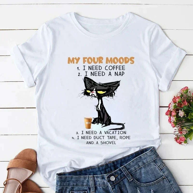 My Four Moods Lazy Cat Anime Tops Short Sleeves Women's T-shirts Tops Cute Coffee Black Sleepy Cat Top Y2k Short Sleeves Clothes