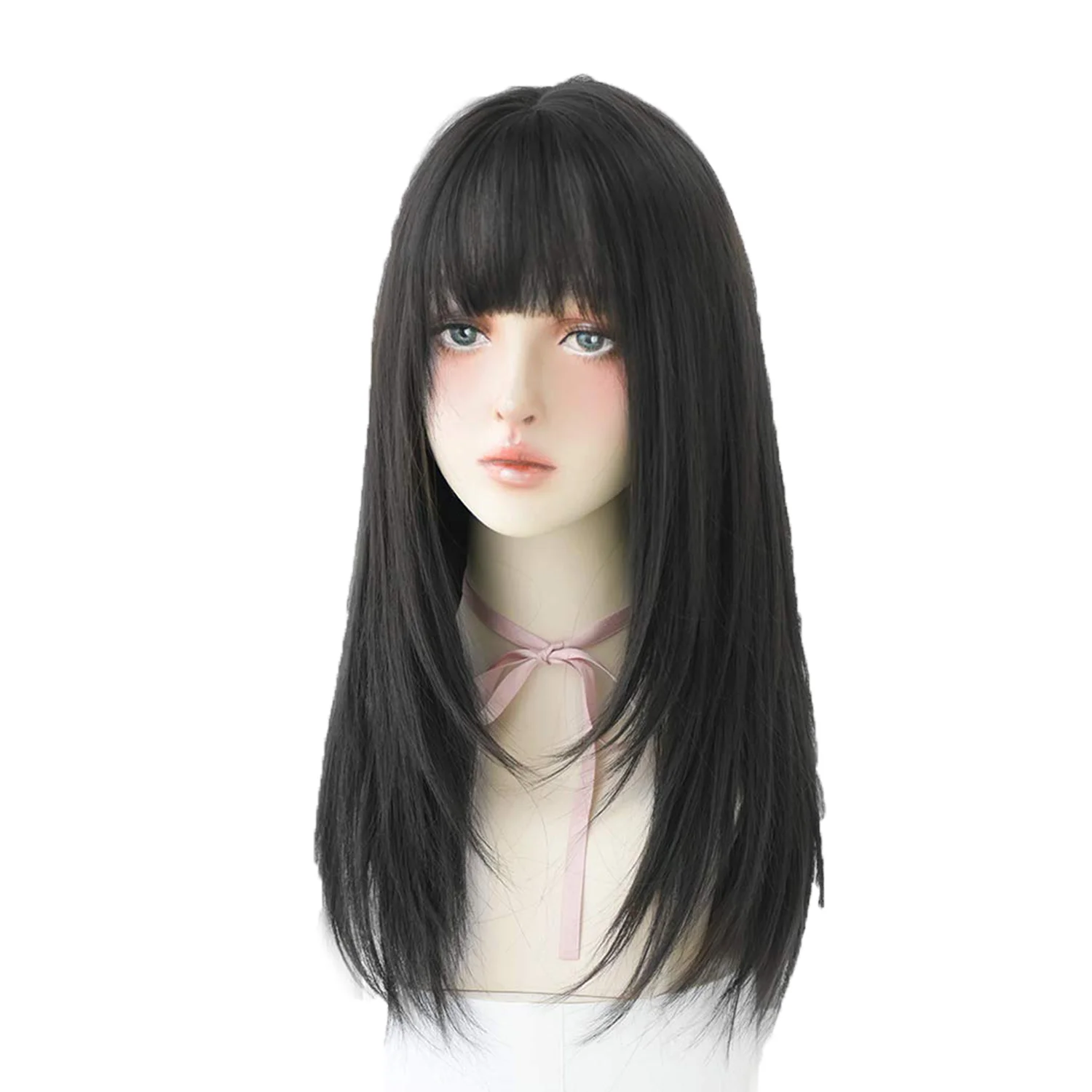 Long Black Straight Hair Wig with Bangs Synthetic High Density Long Hair Wig for Women
