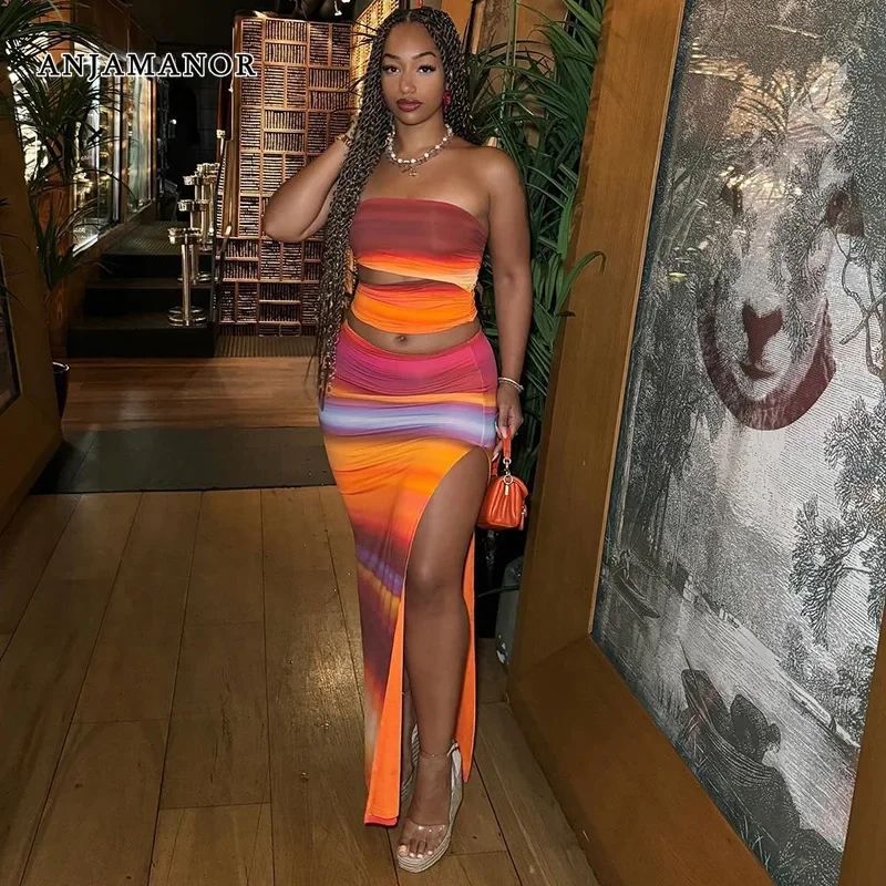 ANJAMANOR-Conjunto de traje de vestido colorido para mujer, conjunto elegante y Sexy de 2 piezas, Top de tubo recortado, falda larga dividida, trajes de vacaciones D17-CC24
