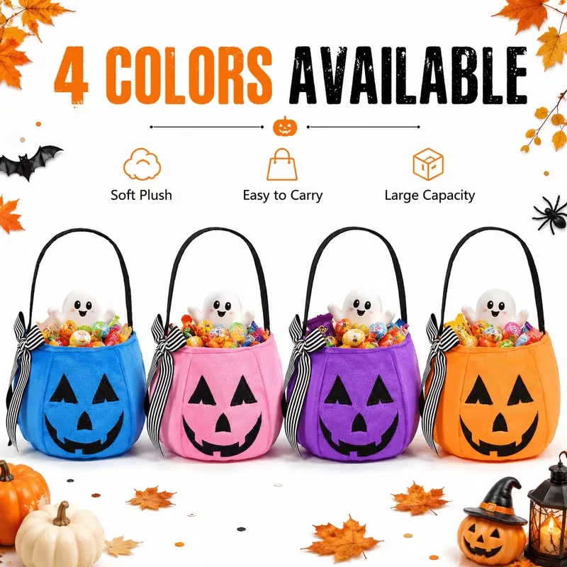 2-Pack Halloween Pumpkin Candy Buckets, Made of Soft Plush Material, Large Capacity Tote Candy Bags with Bow Decorations, Lightweight and Durable Pumpkin Buckets, Suitable for Halloween Party Favors, Home Decoration, and Jewelry Storage