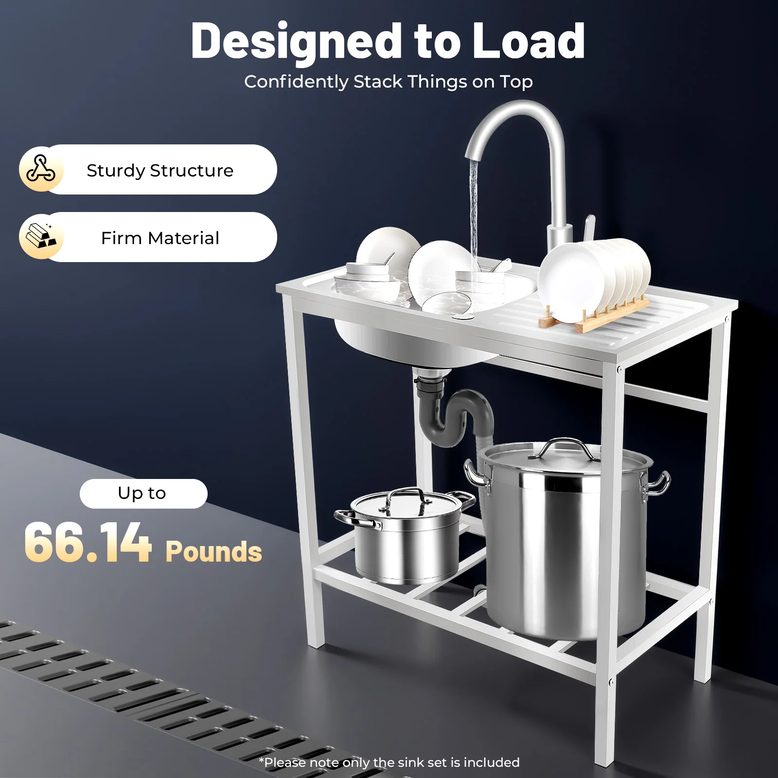 Free Standing Sink with Operation Countertop and Bottom Shelf, Massive Capacity Kitchen Single Bowl Sink 360° Rotatable Faucet