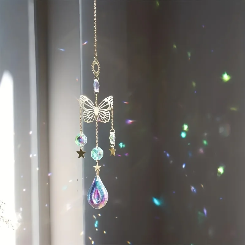 1pc, Butterfly Star Moon Crystal Sun Catcher, Christmas Decor Spplies, Home Decor, Holiday Decor, Room Decor