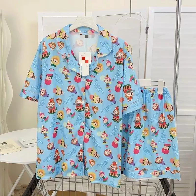 2024 New Labubu Cartoon Series Girl Pajamas Kawaii Pattern Sky Blue Summer Short Set Pajamas Home Clothes Can Be Worn Externally