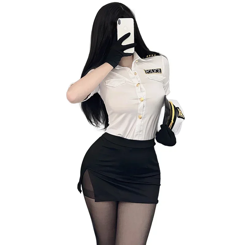 

Sexy Ladies Police Cosplay Cop Officer Uniform Policewoman White Shirts Miniskirt Adult Game Party Erotic Costume