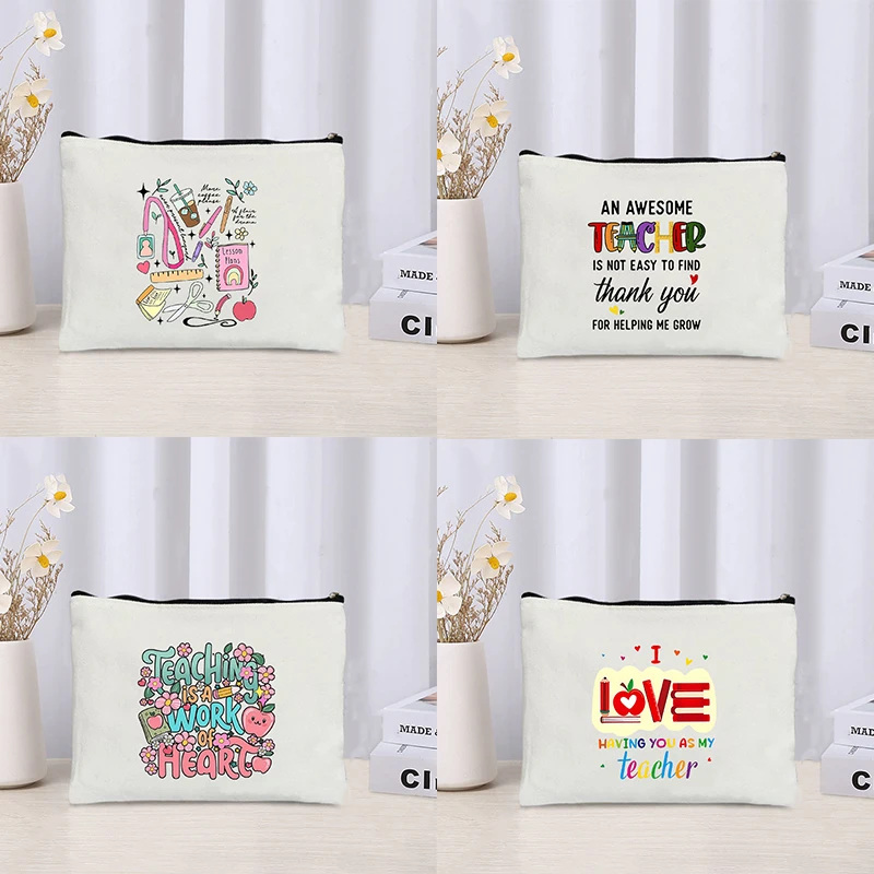 

I Love Teacher Canvas Cosmetic Bag Organizer Travel Perfume Lipstick Pouch Office Supplies Pencil Case Wallet Gifts for Teachers