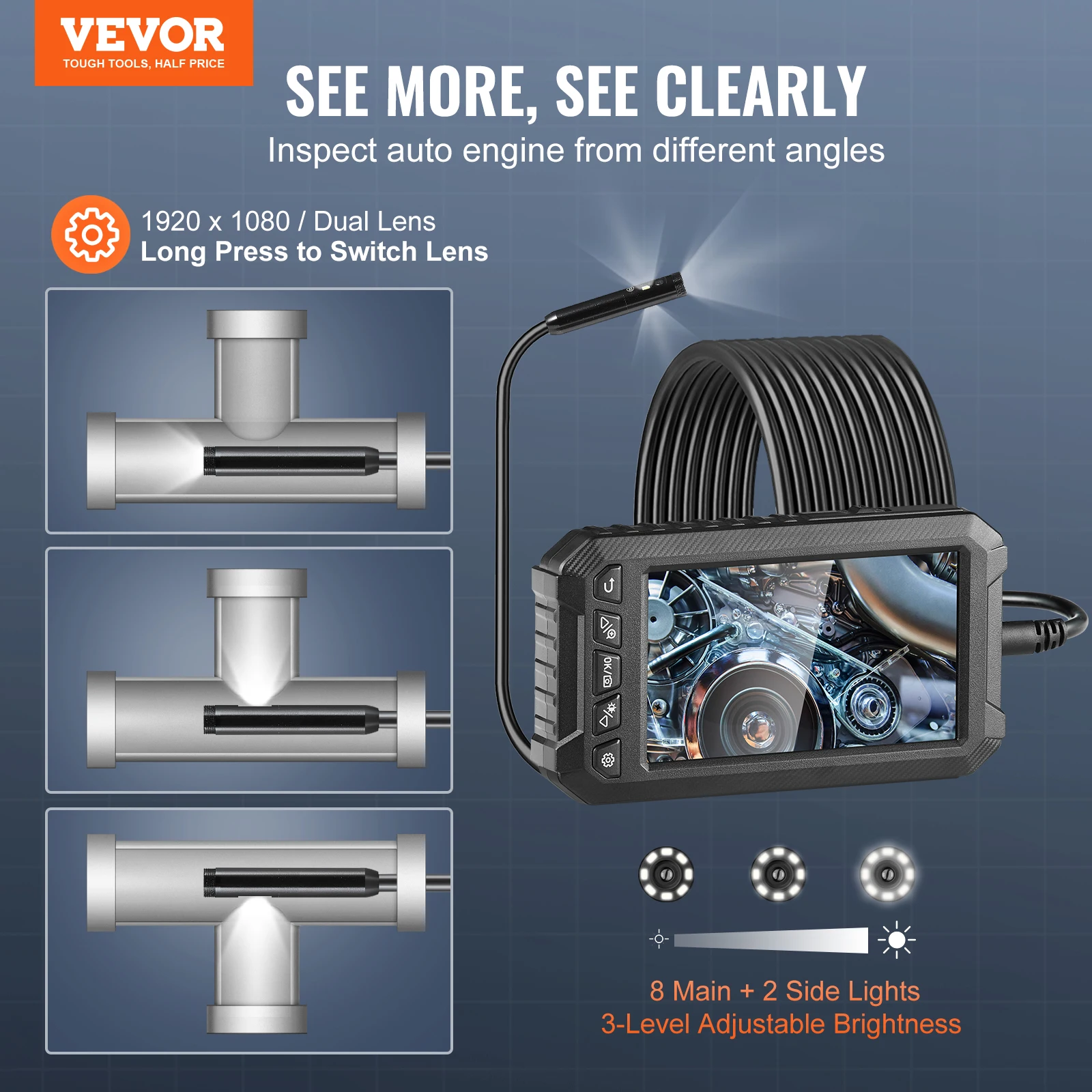 VEVOR Endoscope Camera with Light Triple Lens Industrial Borescope 5