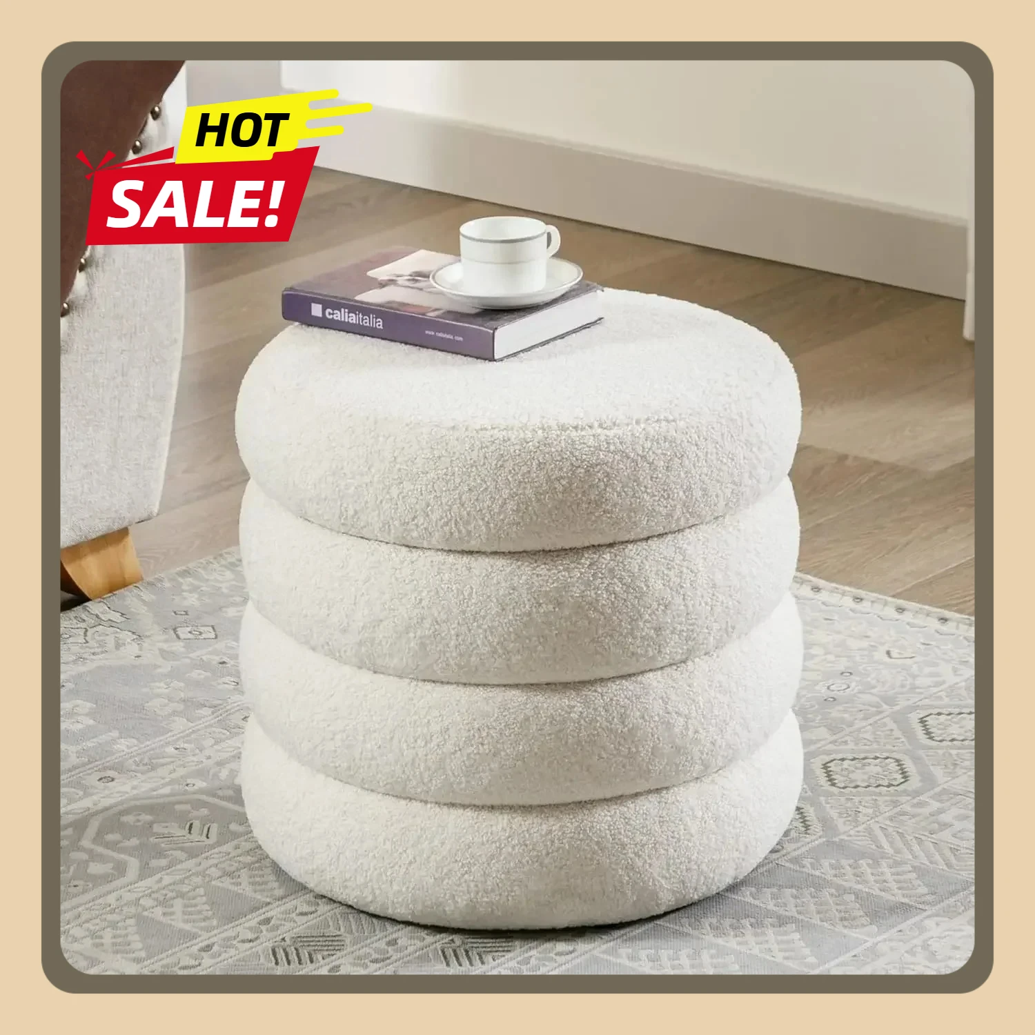 

18 Inches H, 20 Inches D, Storage Ottoman Round, Sherpa Ottoman Storage, Ottoman with Storage, Set of 1, Off-White