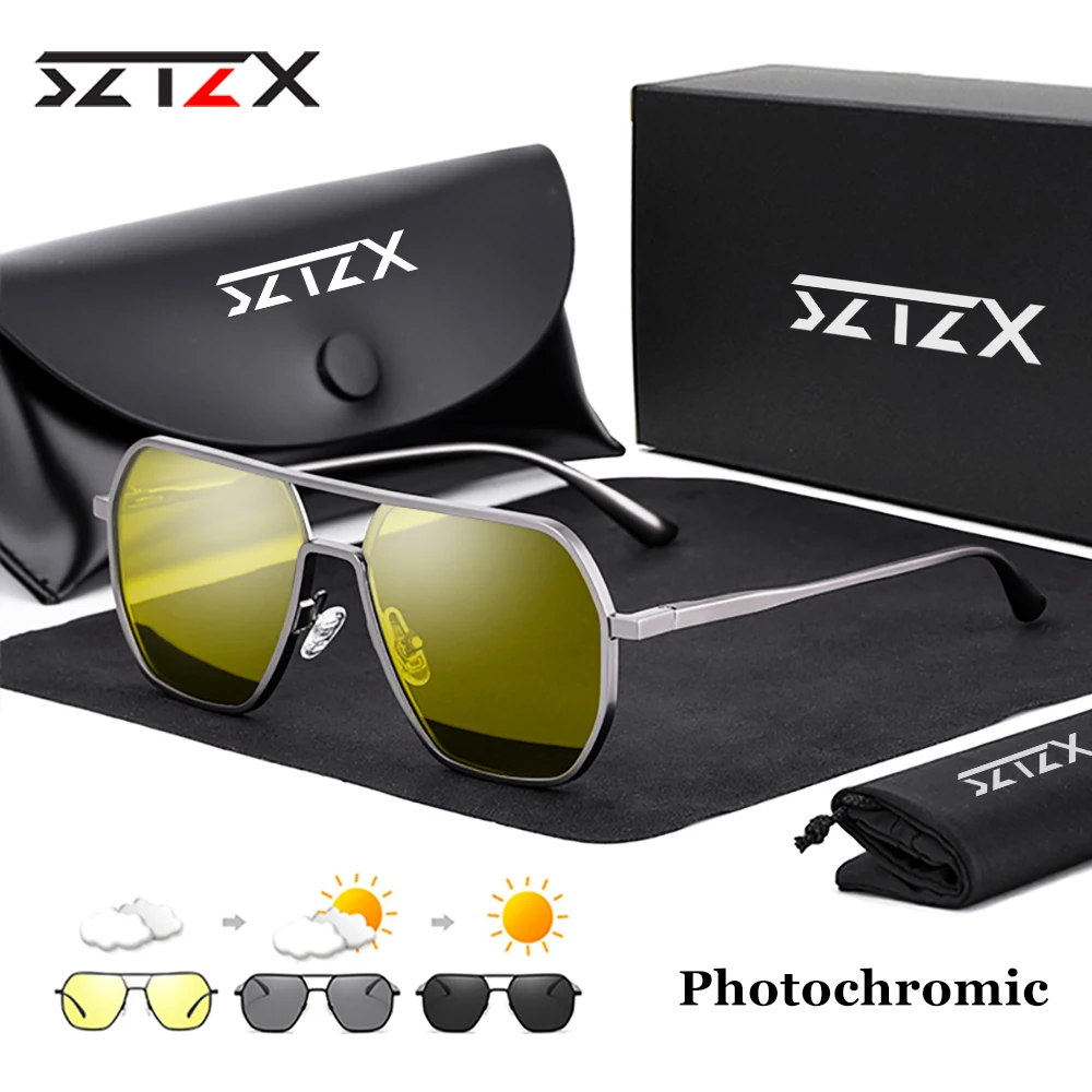 SZTZX Men Anti-glare Day Night Driving Glasses Women Fashion Aluminum Photochromic Polarized Sunglasses Anti-UV Casual Glasses