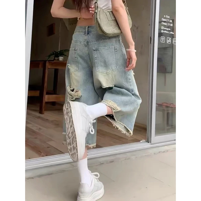 YIBASHU American Vintage Y2k 90s Jeans Pants Women Harajuku Oversized Baggy Summer Short Trousers Streetwear Blue Ripped Capris