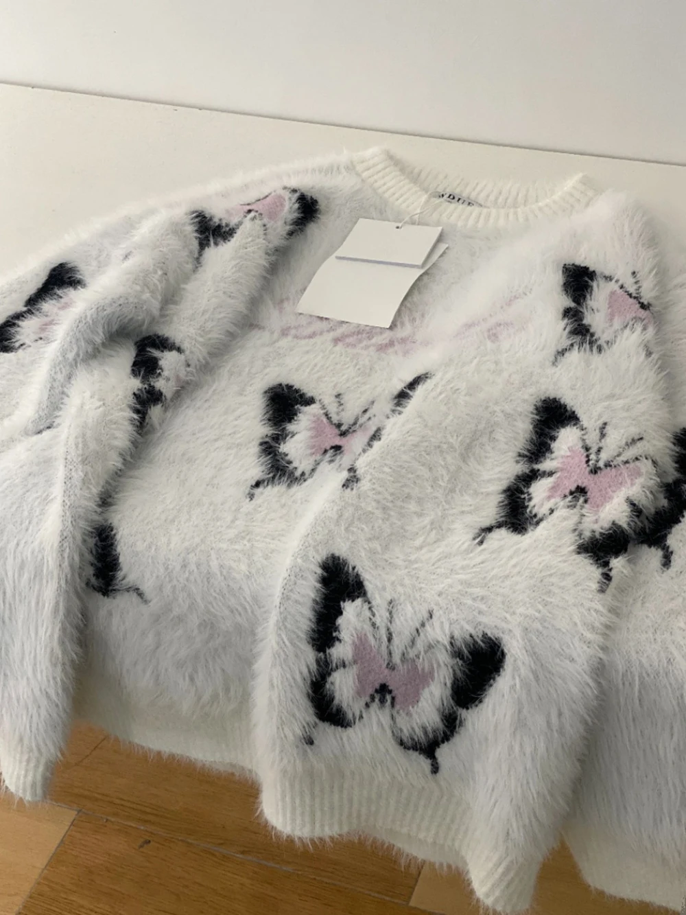 

Fashion Women Knitted Mohair Sweater 2024 New Autumn Winter Plush O-Neck Butterfly Print Pullover Sweet Soft Long Sleeved Top