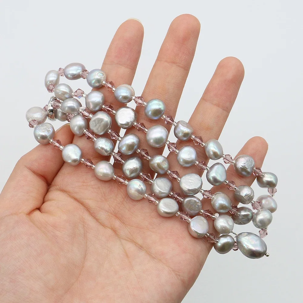 Horizontal Hole Double-sided Baroque Pearl Woven Necklace with Glass Crystal Intervals 62cm Niche Design Collarbone Chain Gift