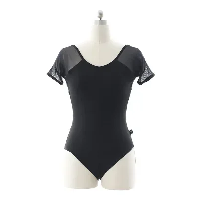 

Lady Short Sleeves Ballet Dance Leotard High Quality Mesh Splice Cotton Ballet Dancing Costume Sexy Black Gymnastics Leotards