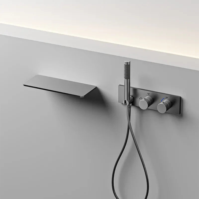 Concealed Wall Mounted Two Function Waterfall Shower Set All Copper Gun Gray Hot Cold Hidden Bathtub Shower Mixer Tap