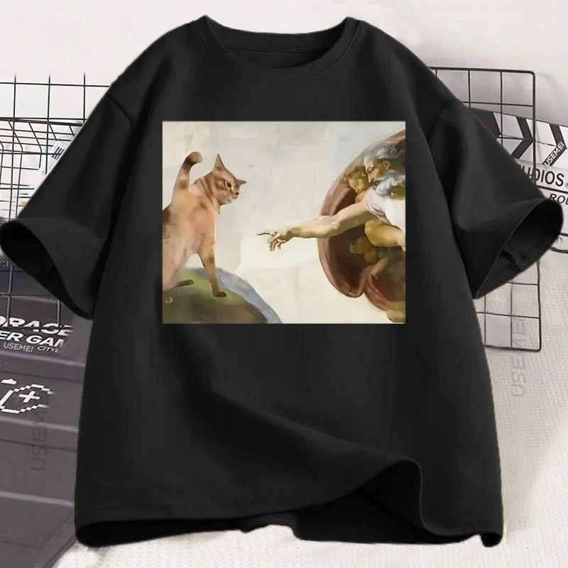Funny Cat God Creation of Adam Meme T-Shirt Men Women Casuals Short Sleeve Jesus T Shirt Fashion Harajuku Kawaii Y2K Clothing